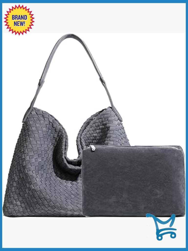 Faux Suede Woven Tote With Clutch, Adjustable Strap, Large Capacity
